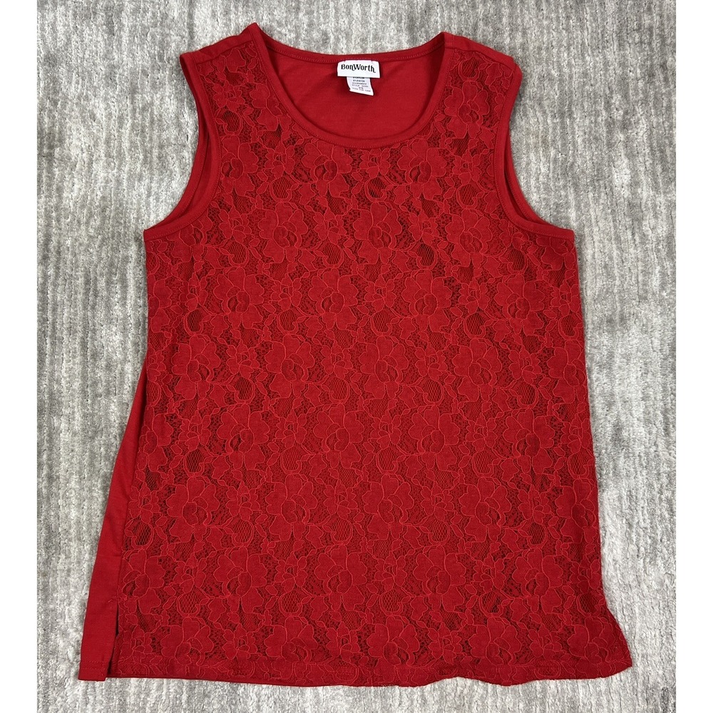 Bonworth Womens Top XS Red Sleeveless Lace Floral Front Knit Tank